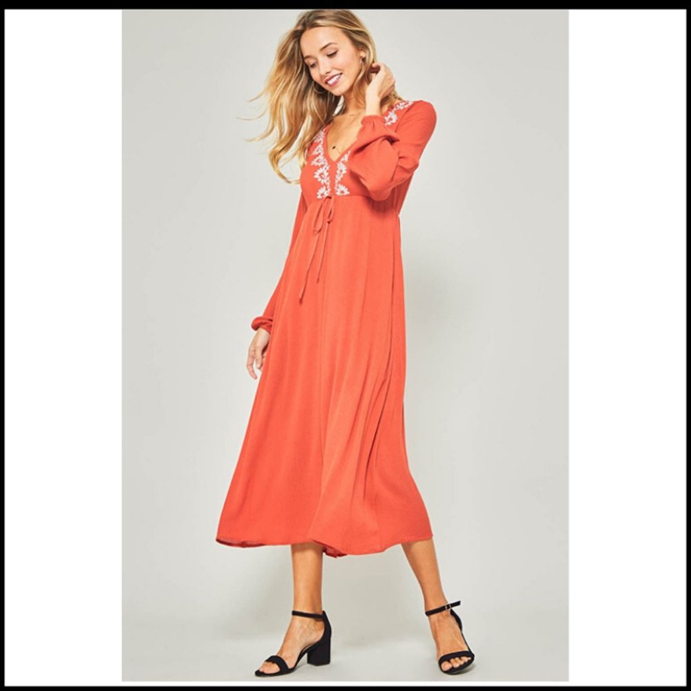 NWT RUST ORANGE LONG SLEEVE BOHO MAXI DRESS - Picture 2 of 5